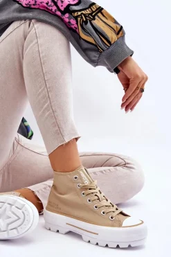 Wysokie Materiałowe Trampki Na Platformie Big Star LL274160 Beżowe