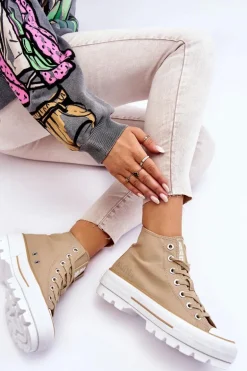 Wysokie Materiałowe Trampki Na Platformie Big Star LL274160 Beżowe