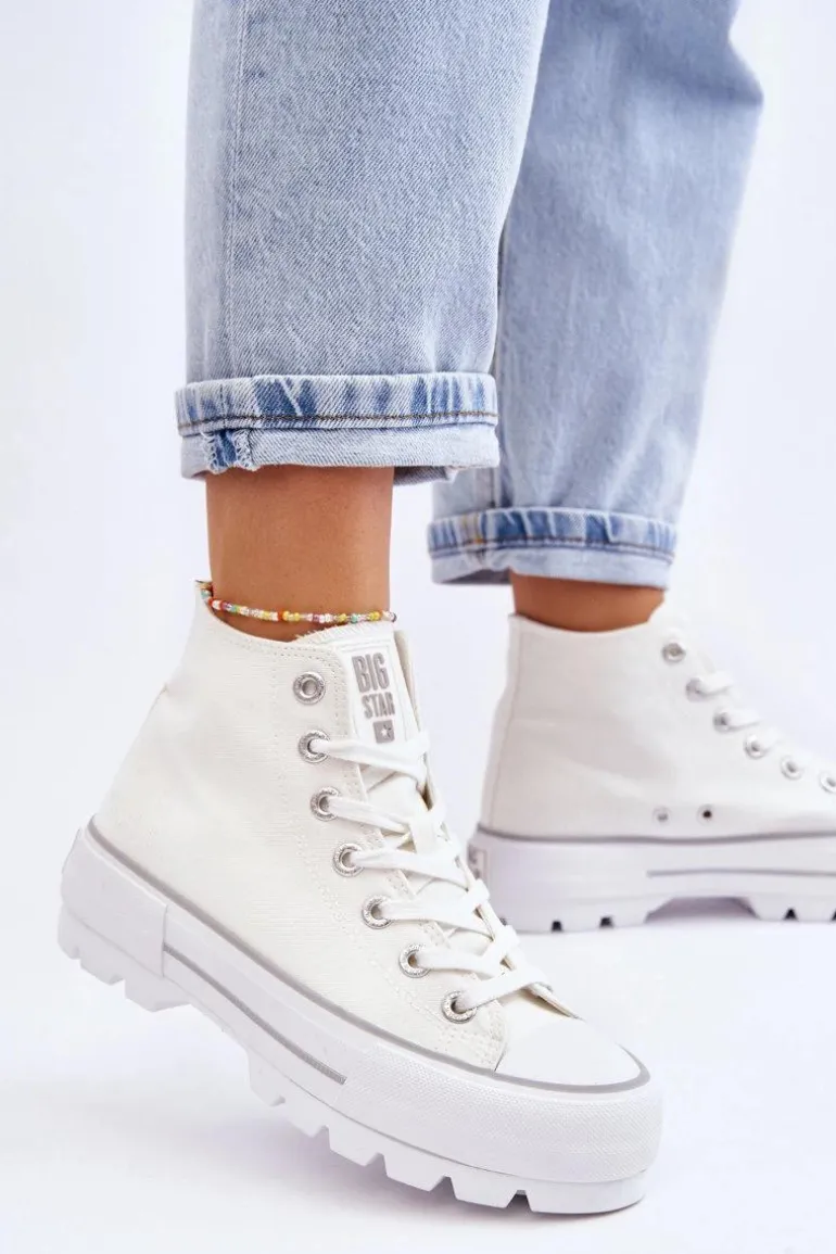 Wysokie Materiałowe Trampki Na Platformie Big Star LL274156 Białe