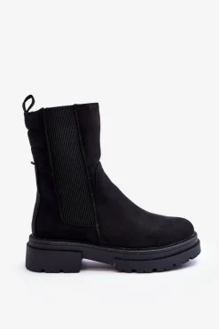 Wysokie Ocieplane Botki Sztyblety Wsuwane Nubuk Czarne Milca
