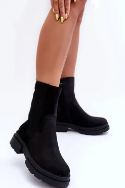 Wysokie Ocieplane Botki Sztyblety Wsuwane Nubuk Czarne Milca