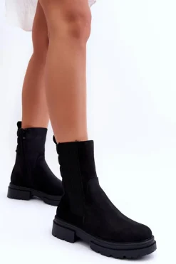 Wysokie Ocieplane Botki Sztyblety Wsuwane Nubuk Czarne Milca