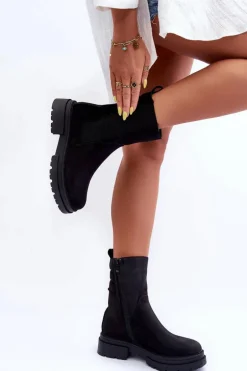 Wysokie Ocieplane Botki Sztyblety Wsuwane Nubuk Czarne Milca