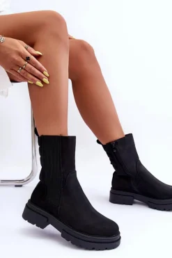 Wysokie Ocieplane Botki Sztyblety Wsuwane Nubuk Czarne Milca