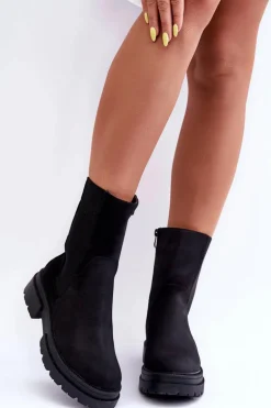 Wysokie Ocieplane Botki Sztyblety Wsuwane Nubuk Czarne Milca