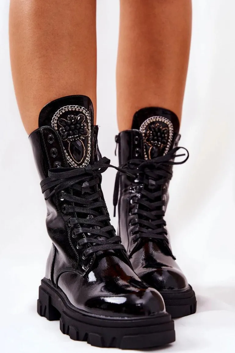 Wysokie Ocieplane Botki Ze Zdobieniem Czarne Ronessa