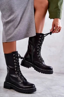 Wysokie Ocieplane Damskie Botki Wiązane Czarne Darla
