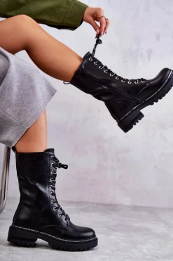 Wysokie Ocieplane Damskie Botki Wiązane Czarne Darla