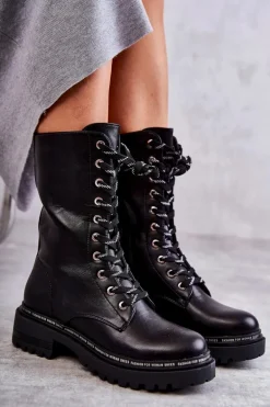 Wysokie Ocieplane Damskie Botki Wiązane Czarne Darla