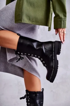 Wysokie Ocieplane Damskie Botki Wiązane Czarne Darla