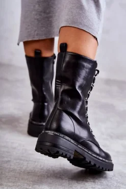 Wysokie Ocieplane Damskie Botki Wiązane Czarne Darla