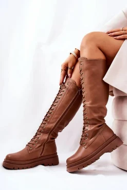 Wysokie Ocieplane Wiązane Kozaki Camel Kannies