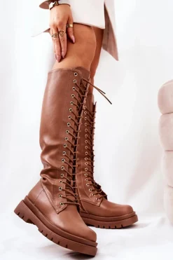 Wysokie Ocieplane Wiązane Kozaki Camel Kannies