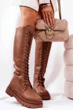 Wysokie Ocieplane Wiązane Kozaki Camel Kannies