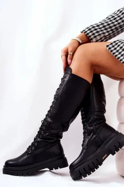 Wysokie Ocieplane Wiązane Kozaki Czarne Kannies