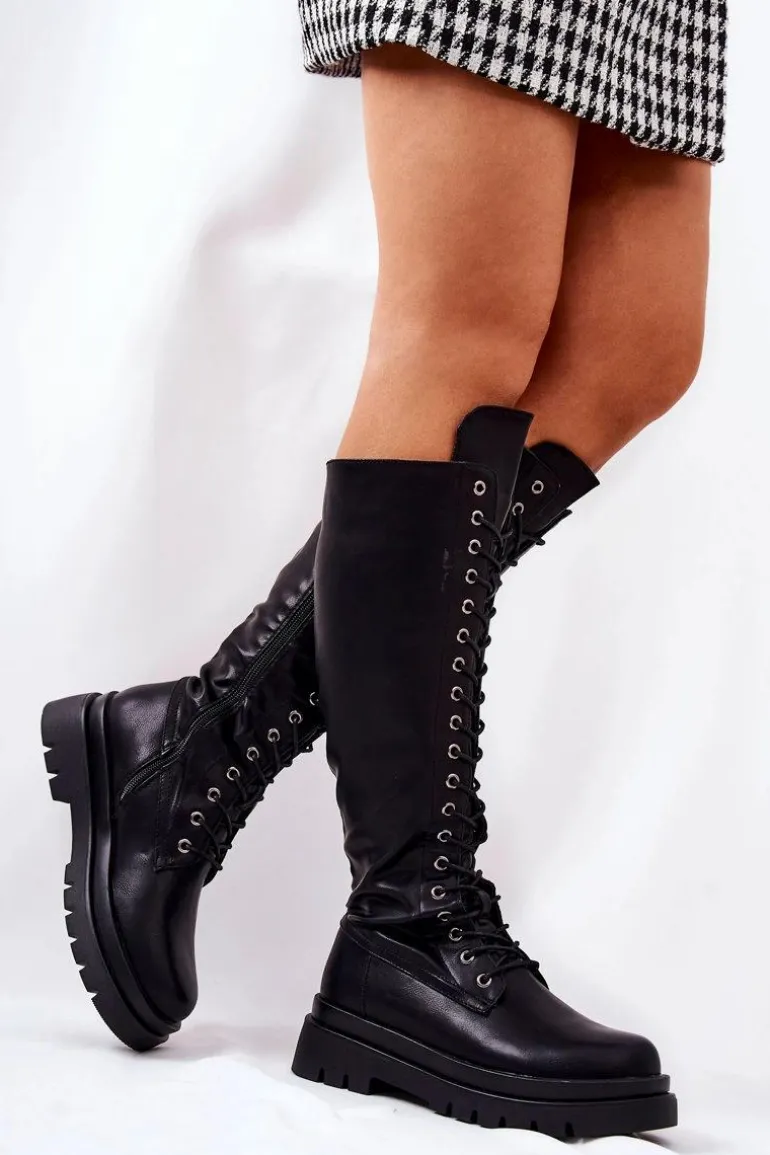 Wysokie Ocieplane Wiązane Kozaki Czarne Kannies