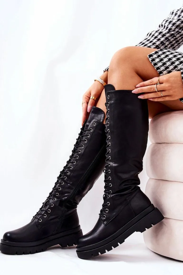 Wysokie Ocieplane Wiązane Kozaki Czarne Kannies