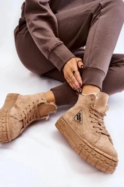 Wysokie Ocieplane Zamszowe Trampki Beżowe Evren