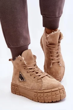 Wysokie Ocieplane Zamszowe Trampki Beżowe Evren