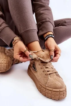 Wysokie Ocieplane Zamszowe Trampki Beżowe Evren