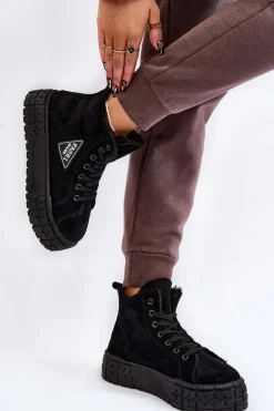 Wysokie Ocieplane Zamszowe Trampki Czarne Evren