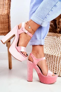 Wysokie Różowe Sandały na Słupku Welur HighShoes