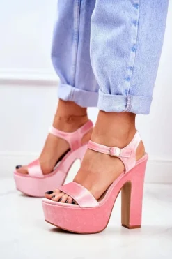 Wysokie Różowe Sandały na Słupku Welur HighShoes