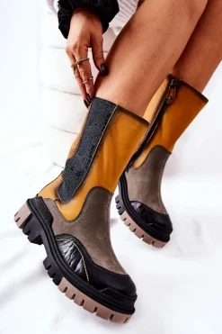 Wysokie Skórzane Botki Maciejka Żółto-Szare 05141-07