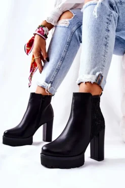 Wysokie Skórzane Botki Na Słupku Czarne Diomice