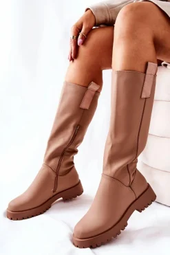 Wysokie Skórzane Kozaki Beżowe Trishia