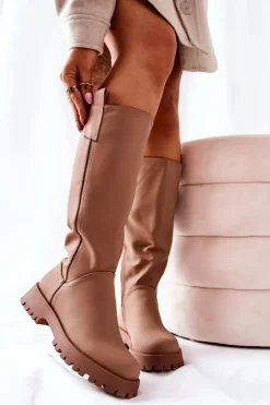 Wysokie Skórzane Kozaki Beżowe Trishia