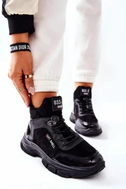 Wysokie Skórzane Ocieplane Buty Sportowe Czarne Merit