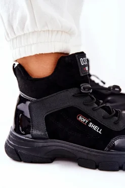 Wysokie Skórzane Ocieplane Buty Sportowe Czarne Merit