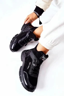 Wysokie Skórzane Ocieplane Buty Sportowe Czarne Merit