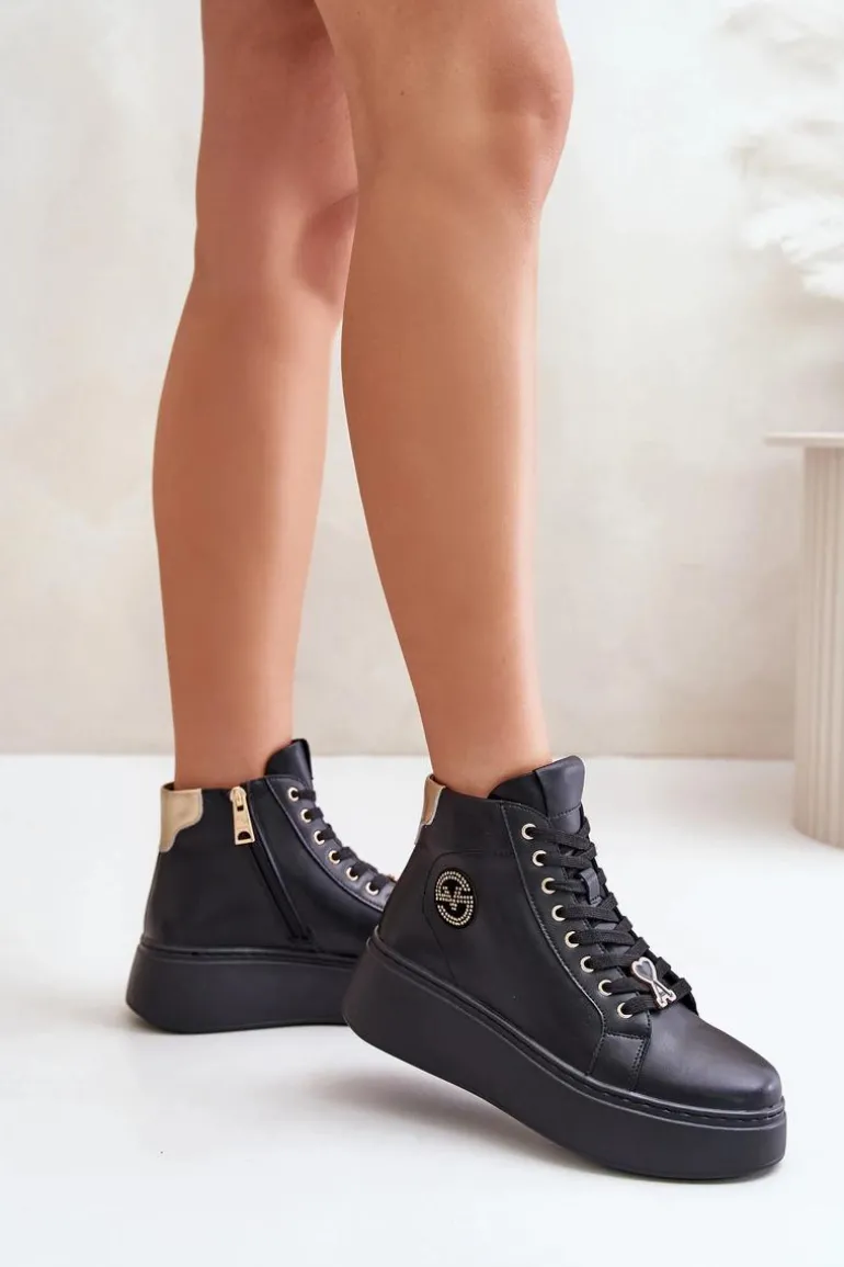 Wysokie Skórzane Sneakersy Damskie Na Platformie Vinceza 66707 Czarne