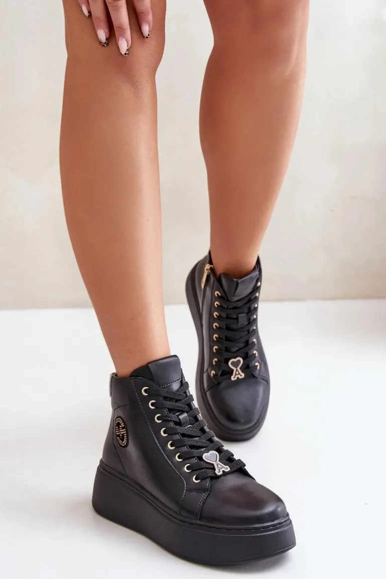 Wysokie Skórzane Sneakersy Damskie Na Platformie Vinceza 66707 Czarne