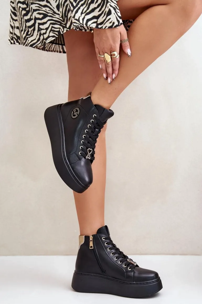 Wysokie Skórzane Sneakersy Damskie Na Platformie Vinceza 66707 Czarne
