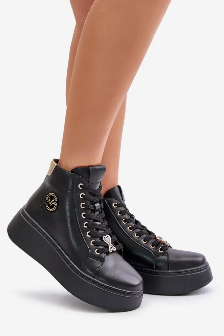 Wysokie Skórzane Sneakersy Damskie Na Platformie Vinceza 66707 Czarne