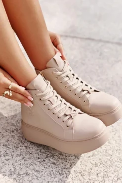 Wysokie Skórzane Sneakersy Damskie Na Platformie Vinceza 66707 Beżowe