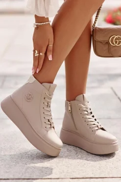 Wysokie Skórzane Sneakersy Damskie Na Platformie Vinceza 66707 Beżowe