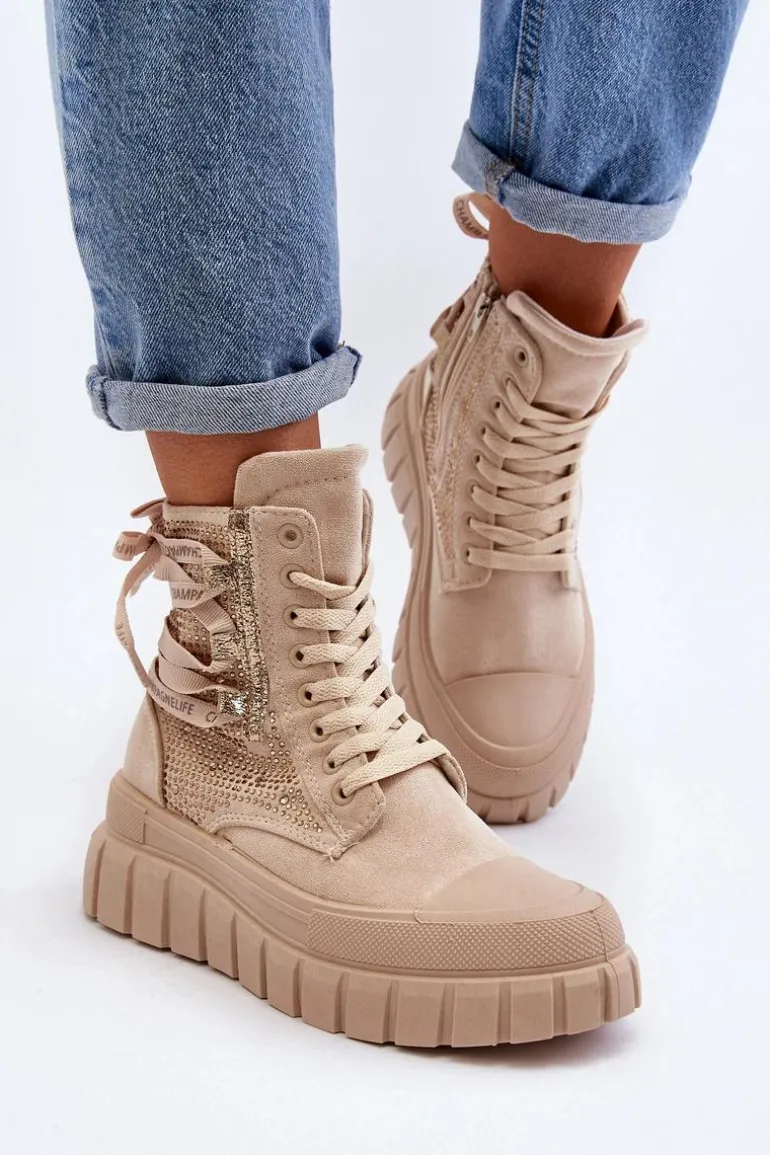 Wysokie Trampki Damskie Na Masywnej Platformie Beżowe Wonise