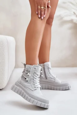 Wysokie Trampki Damskie Na Masywnej Platformie Ze Zdobieniem Szare Zaidria