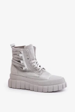 Wysokie Trampki Damskie Na Masywnej Platformie Ze Zdobieniem Szare Zaidria