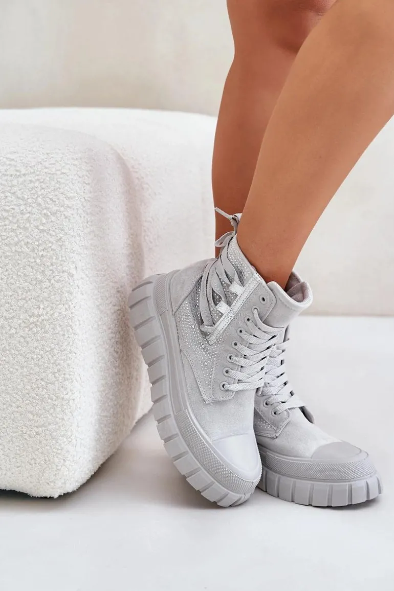 Wysokie Trampki Damskie Na Masywnej Platformie Ze Zdobieniem Szare Zaidria