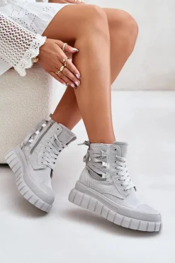 Wysokie Trampki Damskie Na Masywnej Platformie Ze Zdobieniem Szare Zaidria