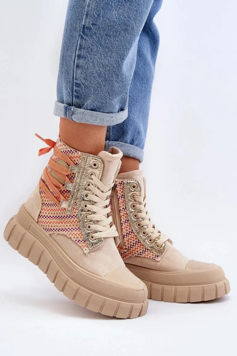 Wysokie Trampki Damskie Na Masywnej Platformie Beżowe Kernia
