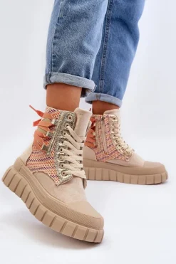 Wysokie Trampki Damskie Na Masywnej Platformie Beżowe Kernia