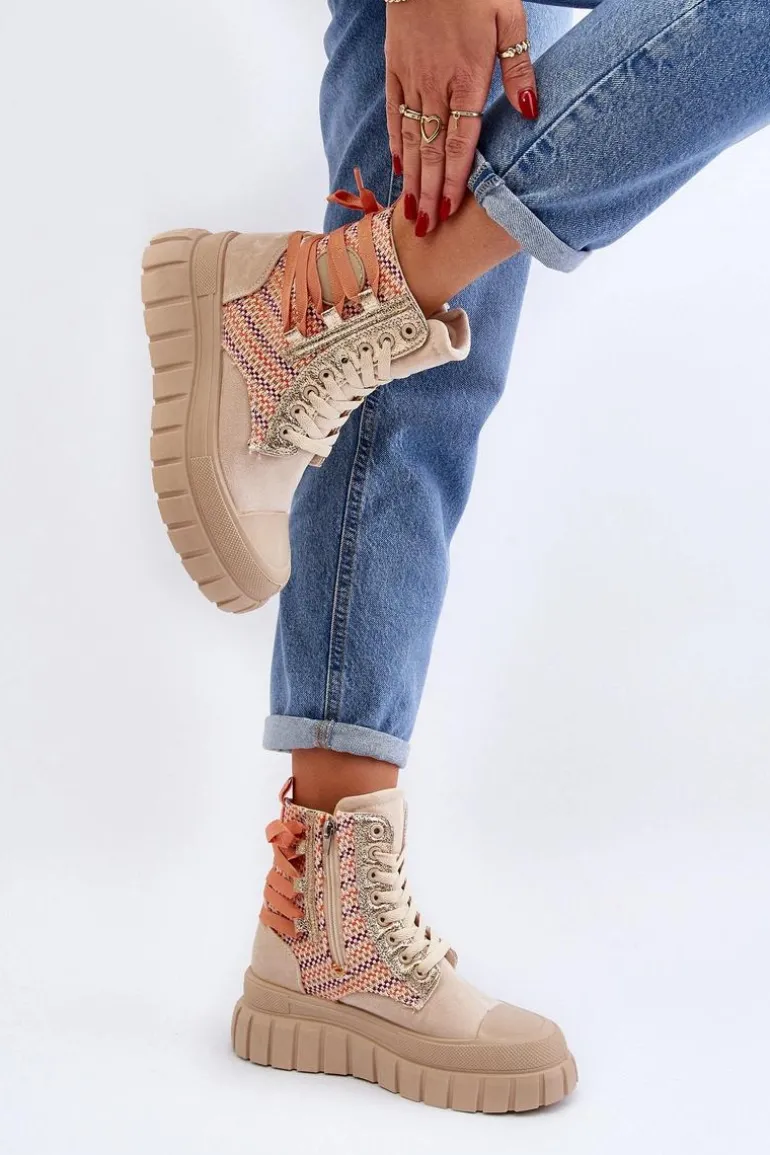Wysokie Trampki Damskie Na Masywnej Platformie Beżowe Kernia