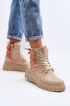 Wysokie Trampki Damskie Na Masywnej Platformie Beżowe Kernia