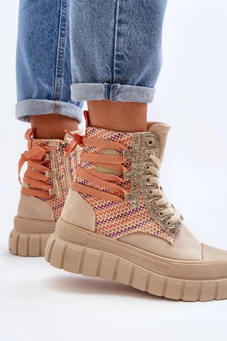 Wysokie Trampki Damskie Na Masywnej Platformie Beżowe Kernia